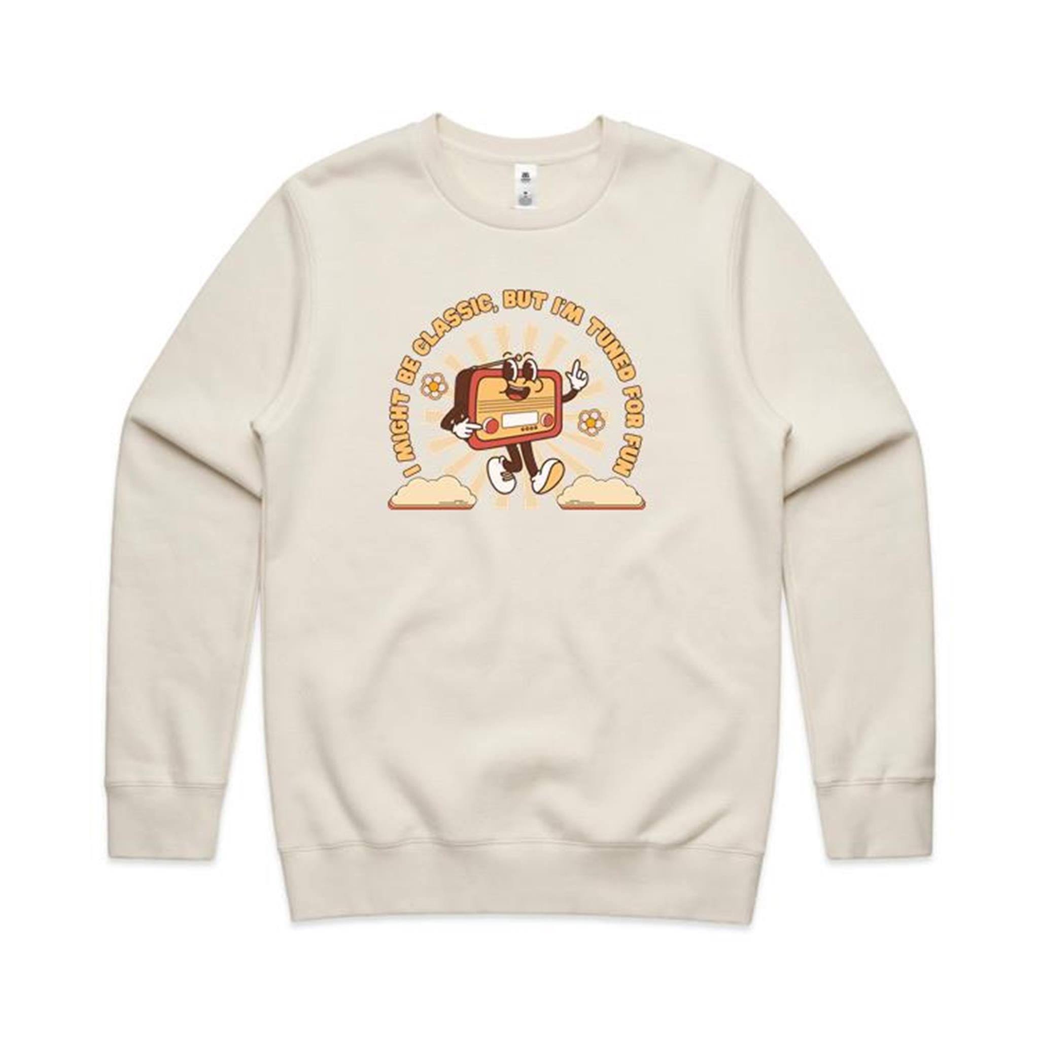 Classic Radio, Tuned For Fun - AS Colour Stencil Crew Sweatshirt Ecru Sweatshirt Music Printed In Australia Retro