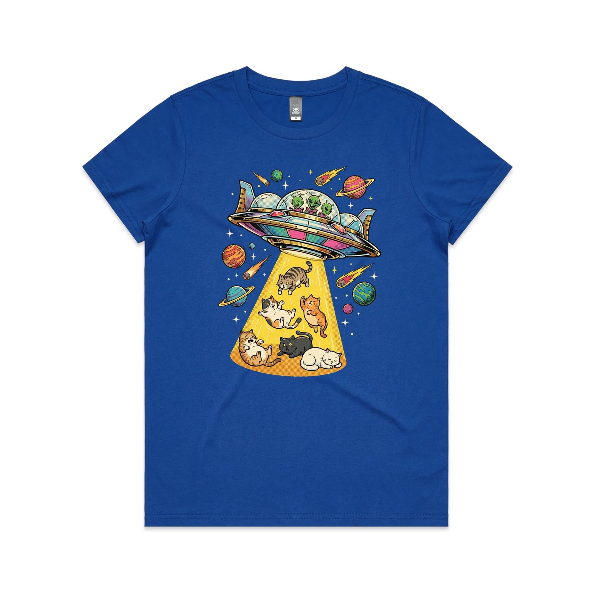 UFO Cat Abduction Women's AS Colour T-shirt Bright Royal Womens T-shirt animal Printed In Australia Sci Fi