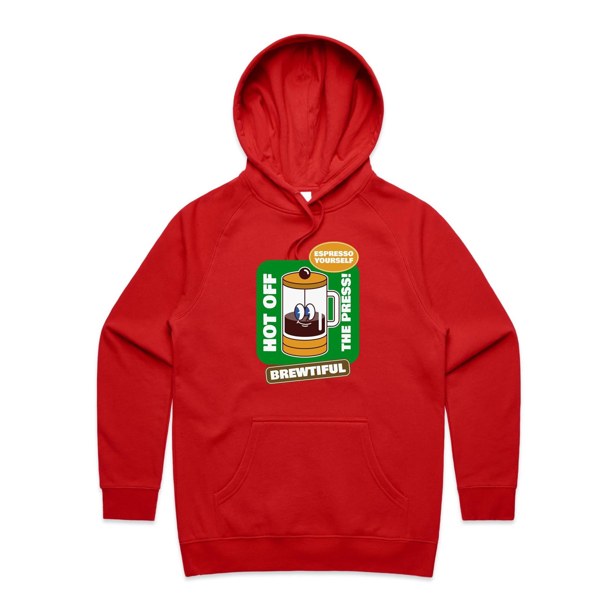 Brewtiful, Coffee Press - Womens Hoodie Red Womens 2XL Womens Hoodie Coffee Printed In Australia