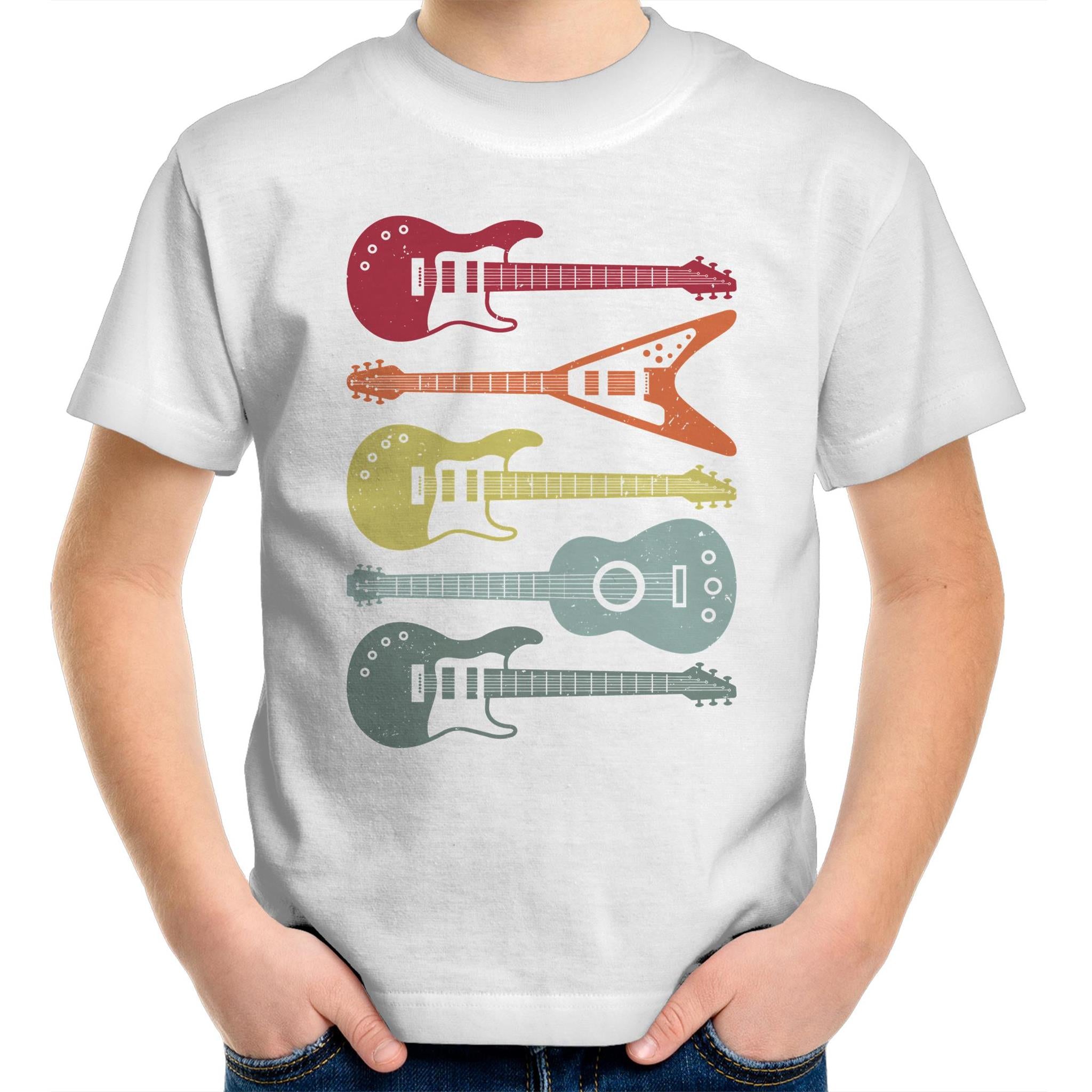 Retro Guitars - Kids Youth T-Shirt White Kids Youth T-shirt Music Printed In Australia