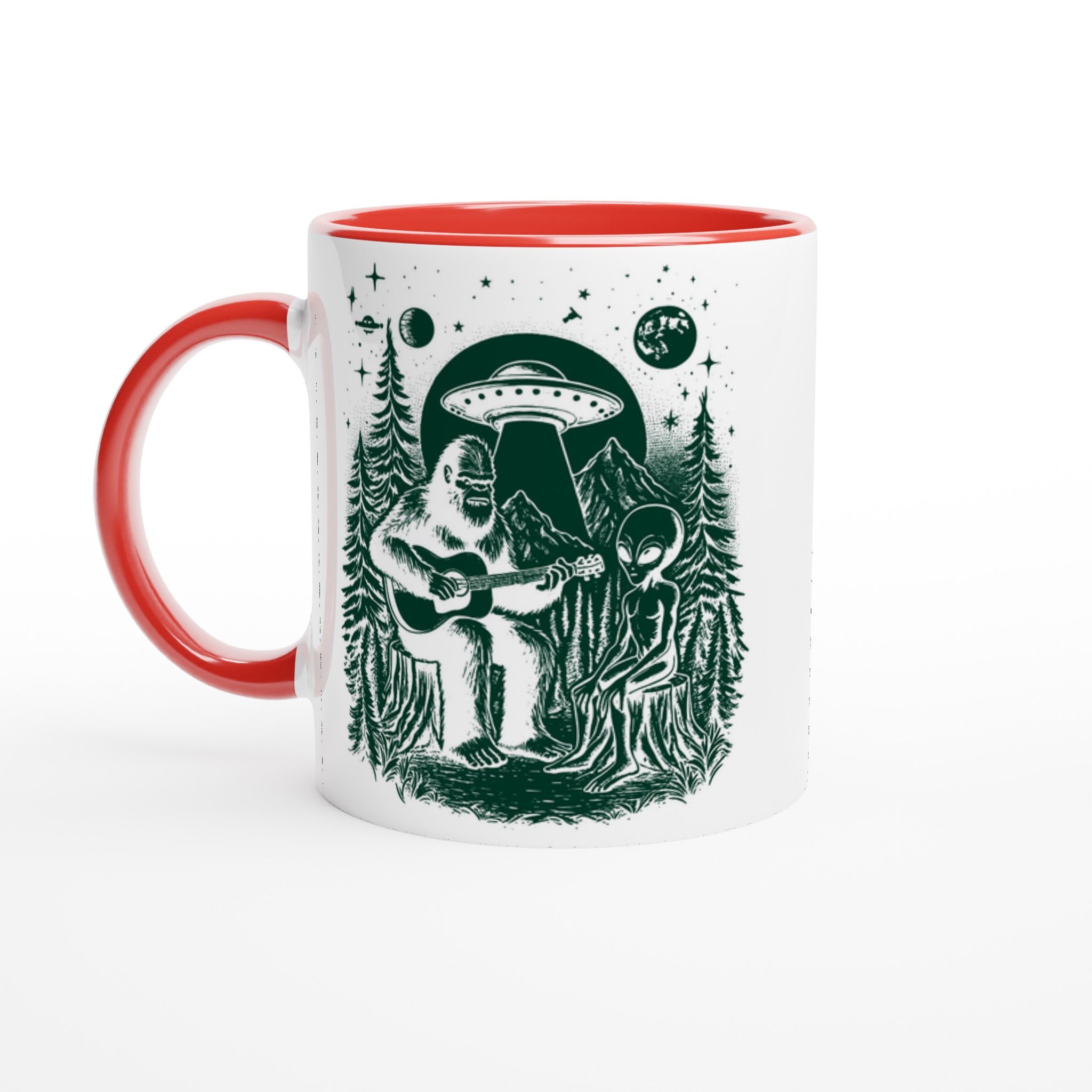 Alien And Bigfoot Play Guitar - White 11oz Ceramic Mug with Color Inside Ceramic Red Colour 11oz Mug Globally Fulfilled Music Sci Fi
