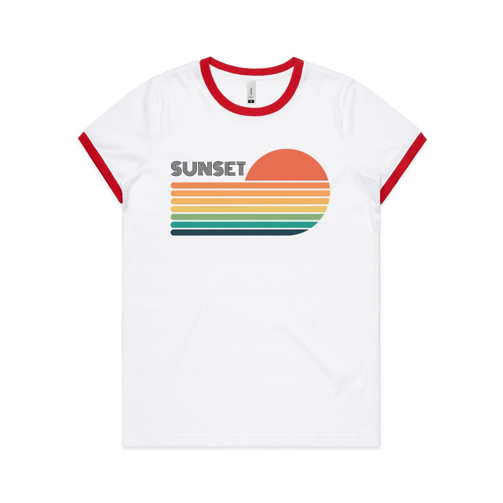 Retro Sunset - Women's Ringer Tee White Red Womens Ringer T-shirt Printed In Australia Retro