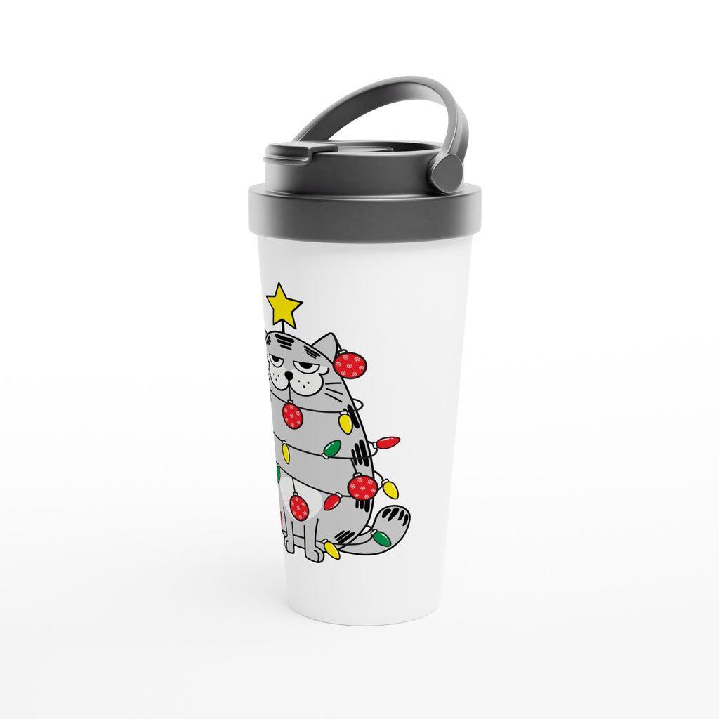 Christmas Cat - White 15oz Stainless Steel Travel Mug Christmas Travel Mug Christmas Globally Fulfilled