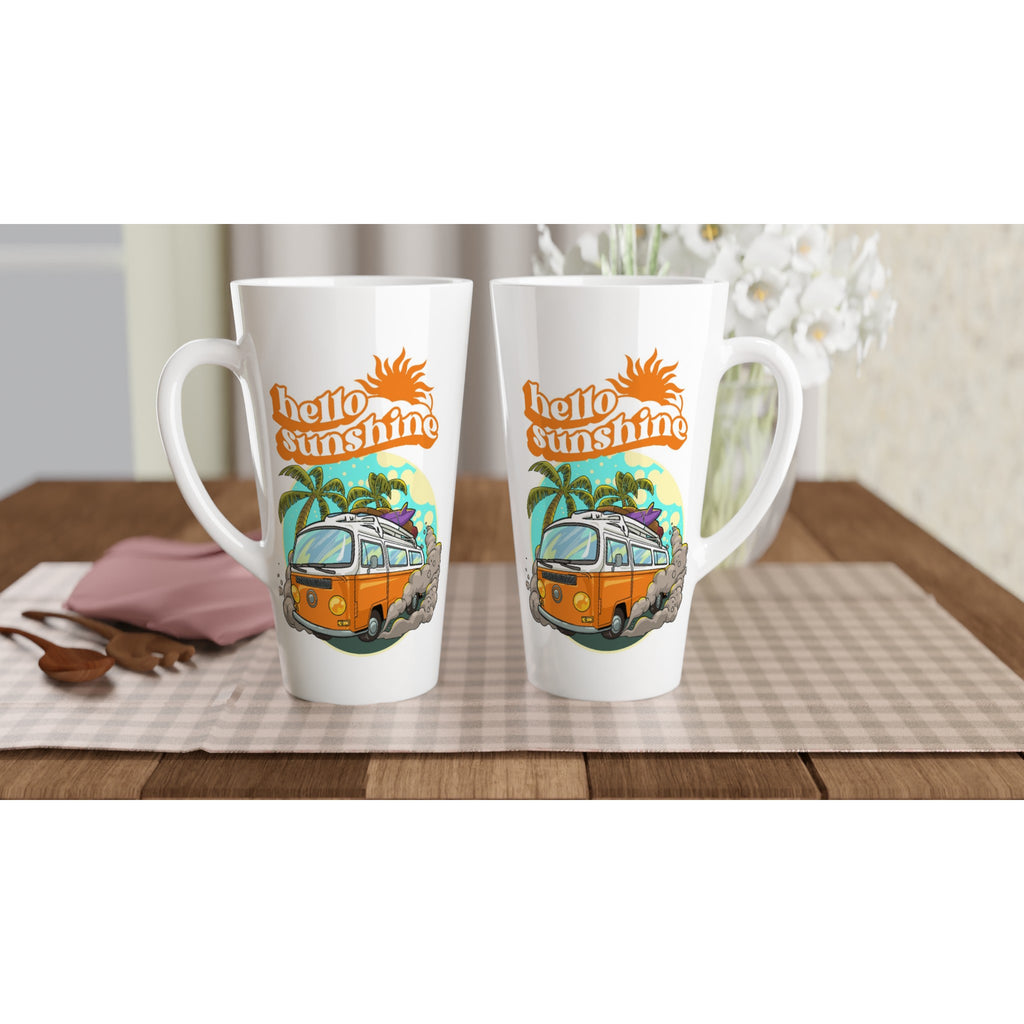 Hello Sunshine, Beach Van - White Latte 17oz Ceramic Mug Latte Mug Globally Fulfilled Summer Surf