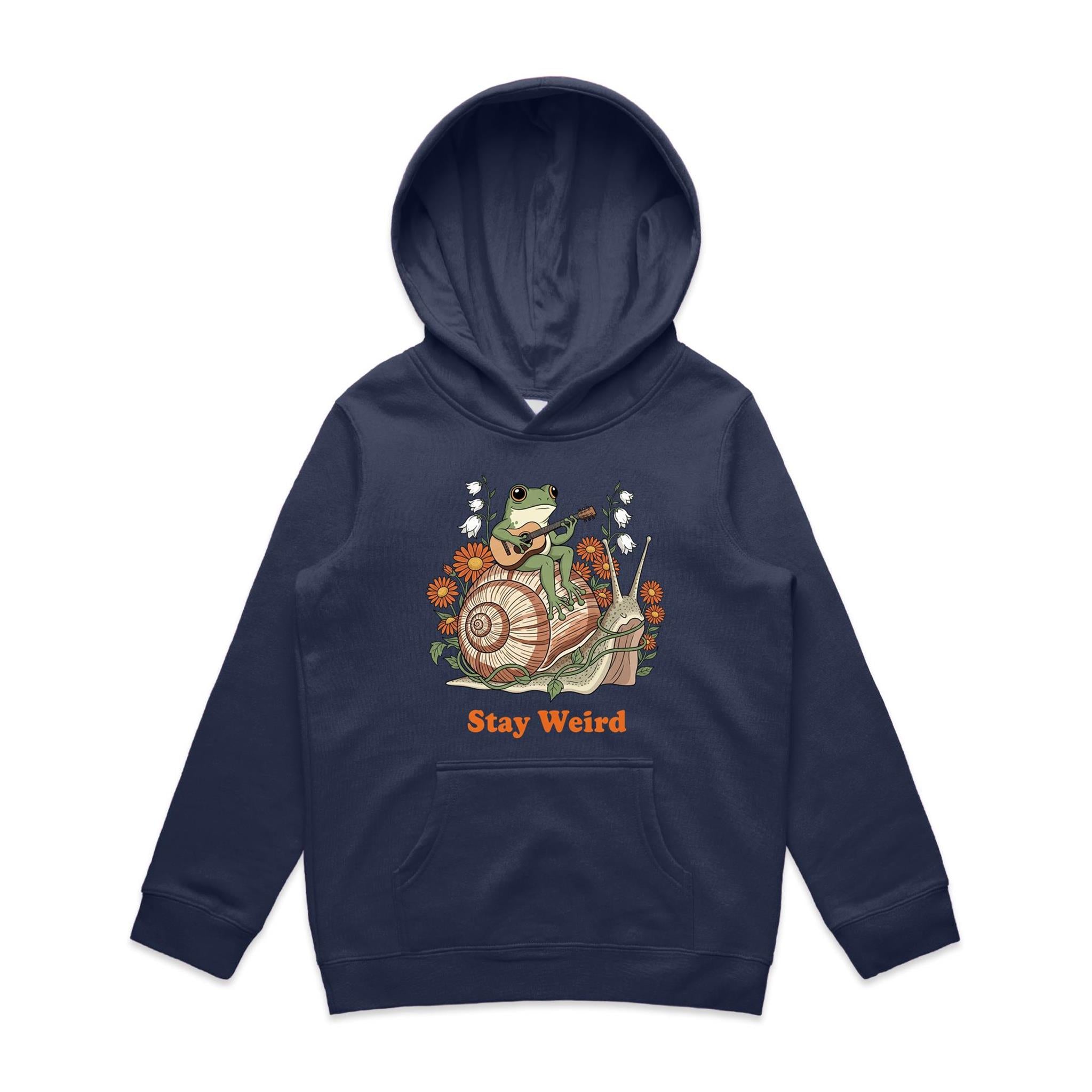 Stay Weird, Guitar Playing Frog On A Snail - Kids Hoodie