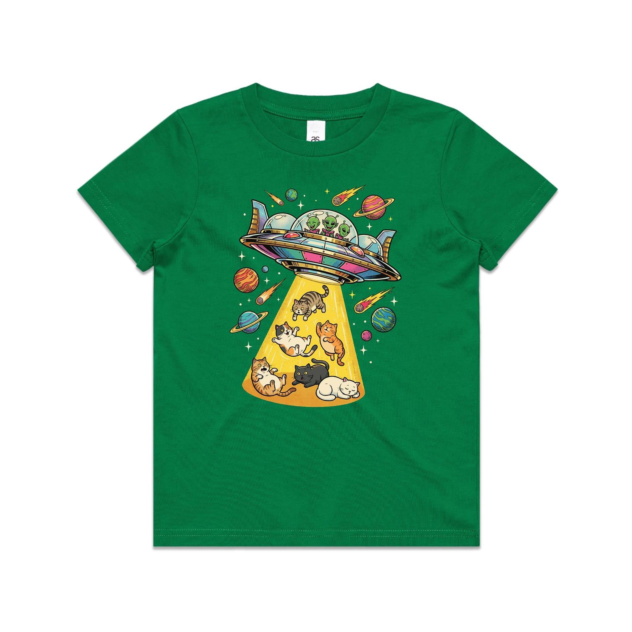 UFO Cat Abduction - Kid's AS Colour T-shirt Kelly Green Kids Youth T-shirt animal Printed In Australia Sci Fi
