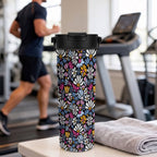 Graphic Flowers On Black 20oz Tea Tumbler with Carry Handle