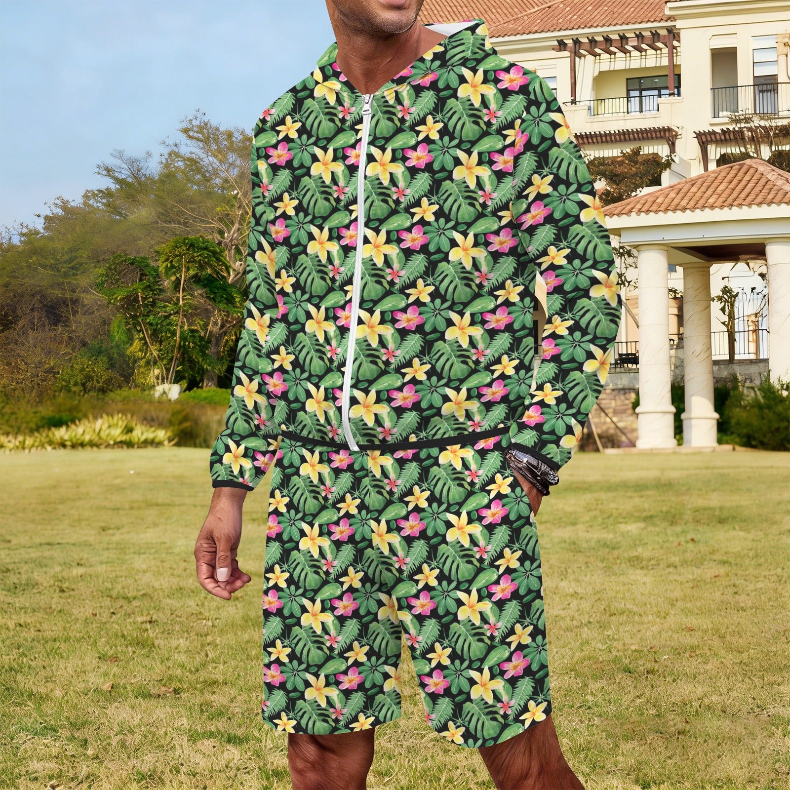 Frangipani Men's Lightweight Sun Hoodie & Shorts Set Men's Lightweight Sun Hoodie & Shorts Plants Printed Offshore
