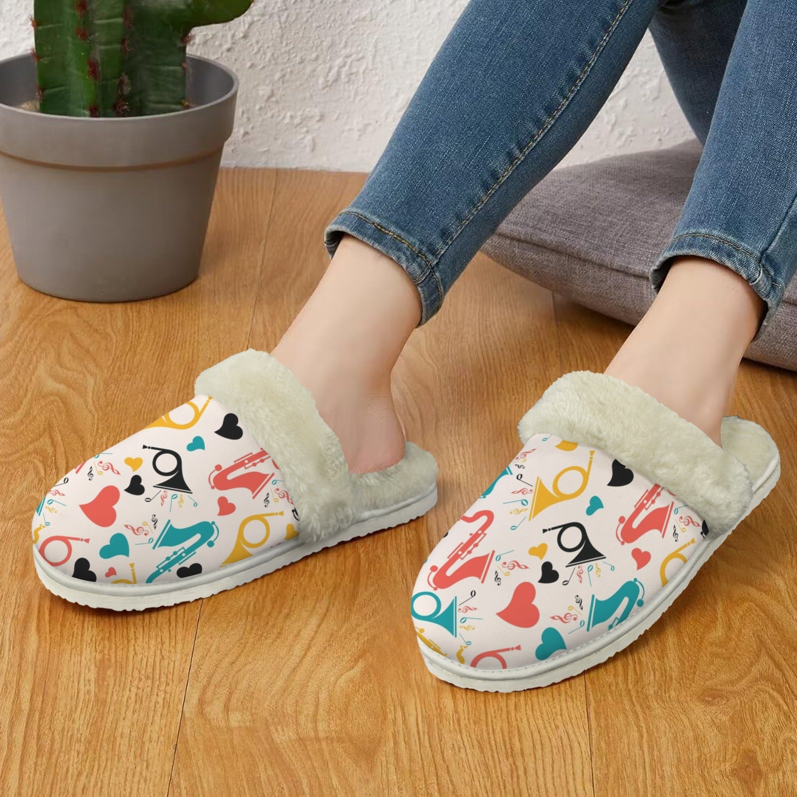 Brass Musical Instruments Women's Fur Trim Thick-Sole Indoor Slippers Women's Fur Trimmed Slippers Music Printed Offshore