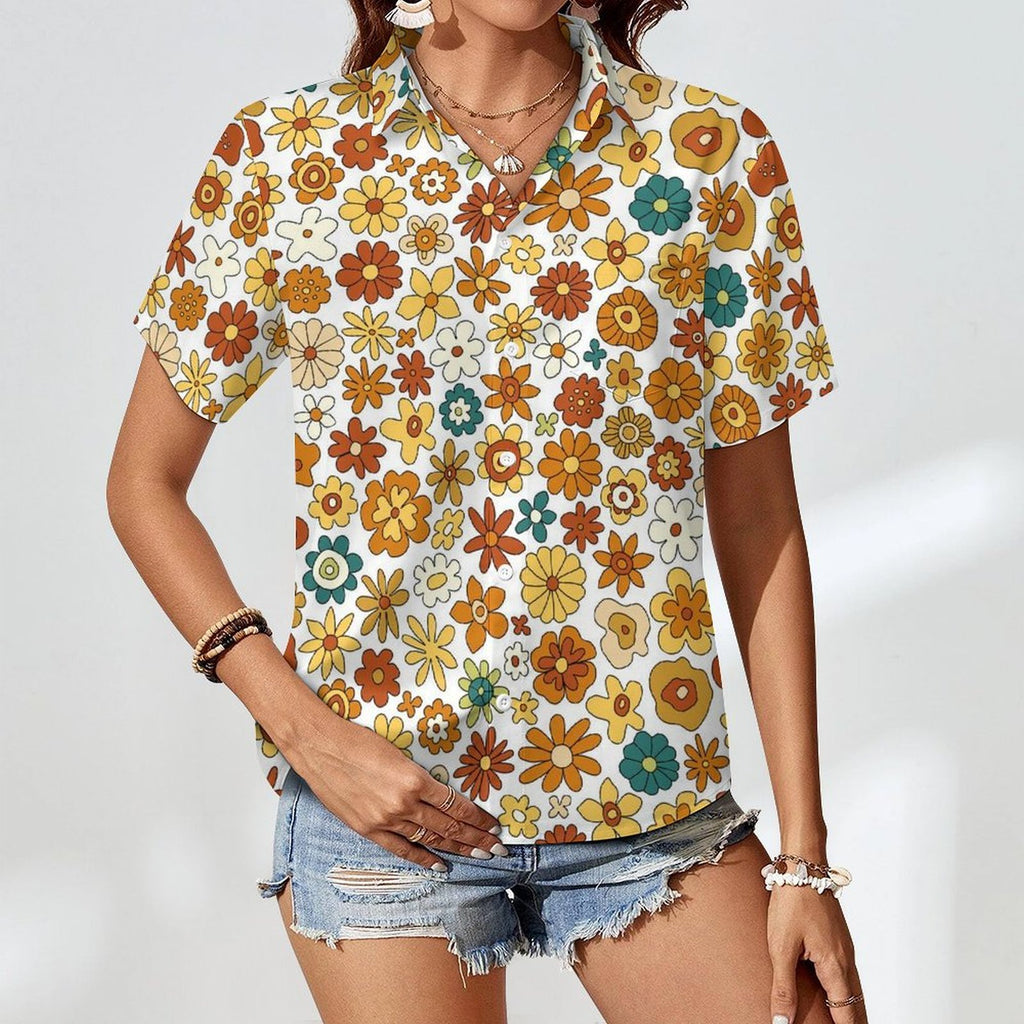 70's Style Floral Women's Short-Sleeve Button Up Shirt