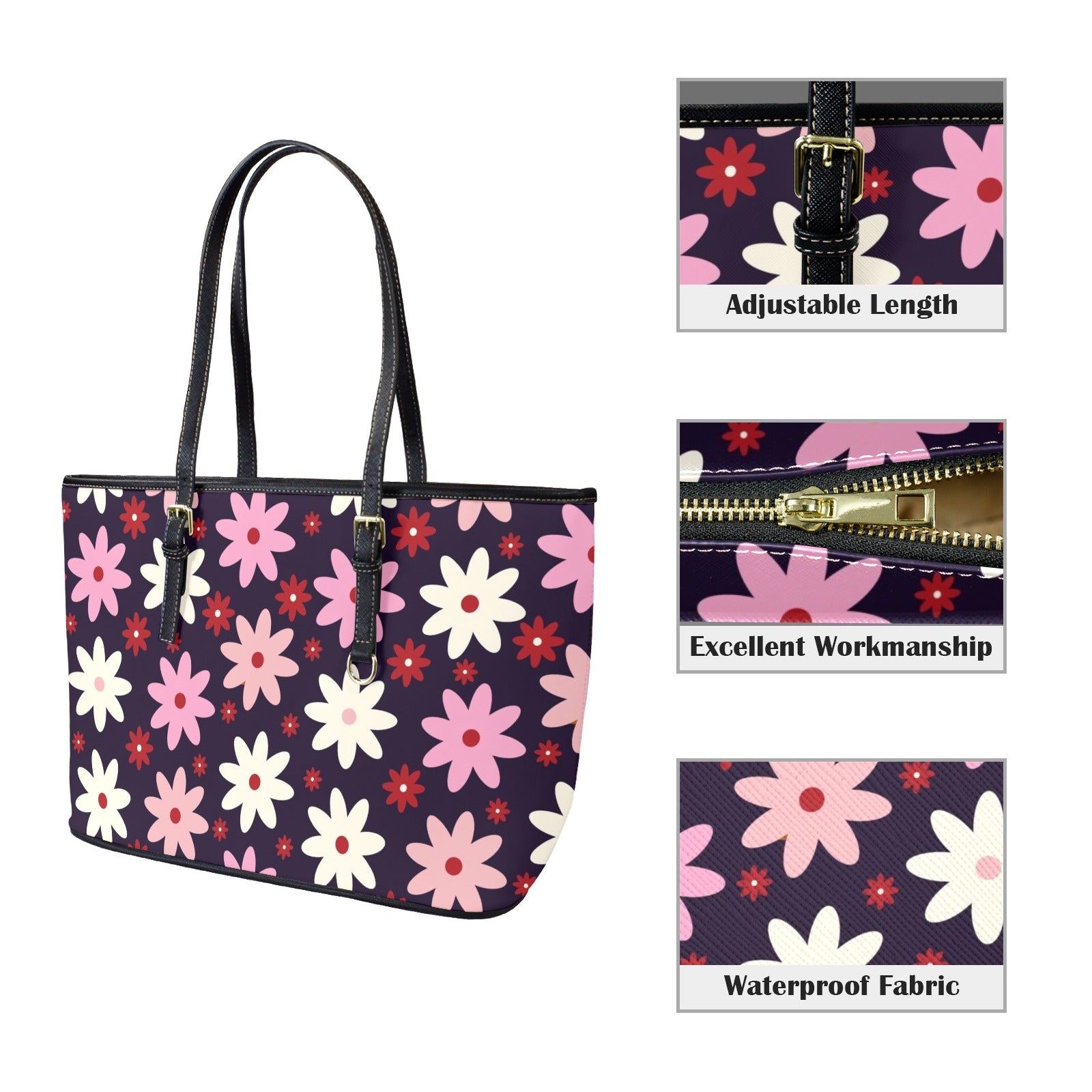 Pink Daisy - PU Leather Tote Bag - Large