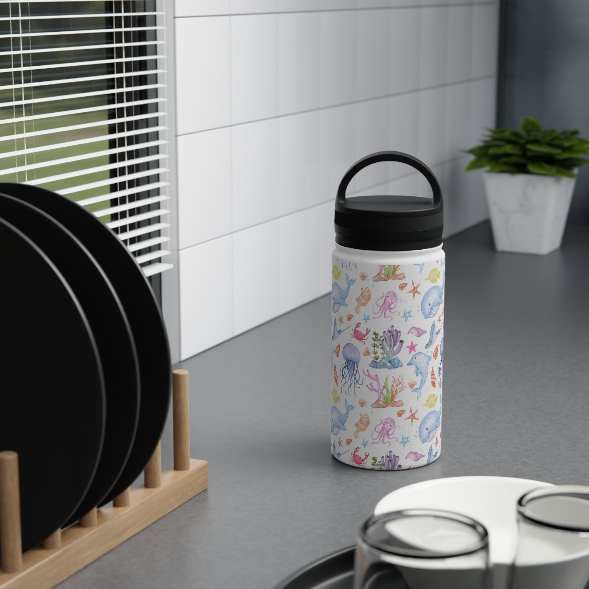 Under The Sea, Ocean Animals Stainless Steel Water Bottle, Handle Lid Stainless Steel Water Bottle With Handle Lid Globally Fulfilled Ocean