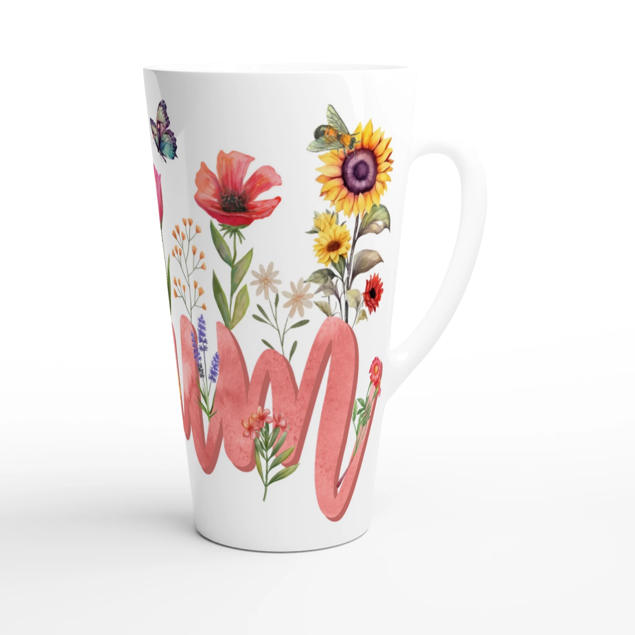 Personalised - Mum With Flowers And Butterflies - White Latte 17oz Ceramic Mug Personalised Latte Mug Globally Fulfilled Mum
