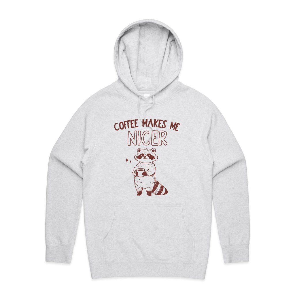 Coffee Makes Me Nicer, Raccoon - Mens Hoodie White Marle Mens Hoodie animal Coffee Printed In Australia