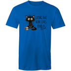 Living That Nine Lives Kind Of Tired, Frazzled Cat - Mens T-Shirt Bright Royal Mens T-shirt animal Coffee Printed In Australia