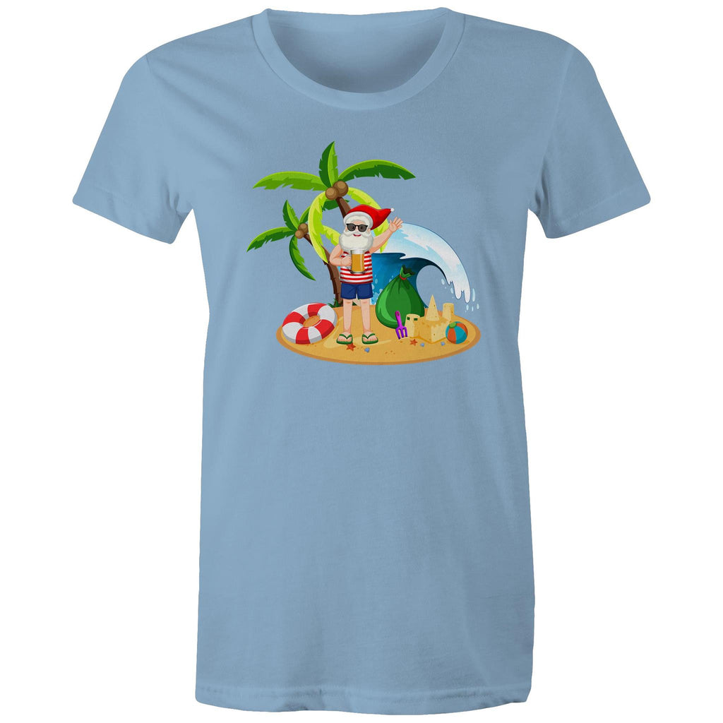 Summer Surf Santa - Womens T-shirt Carolina Blue Womens Christmas T-shirt Christmas Printed In Australia