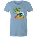 Summer Surf Santa - Womens T-shirt Carolina Blue Womens Christmas T-shirt Christmas Printed In Australia