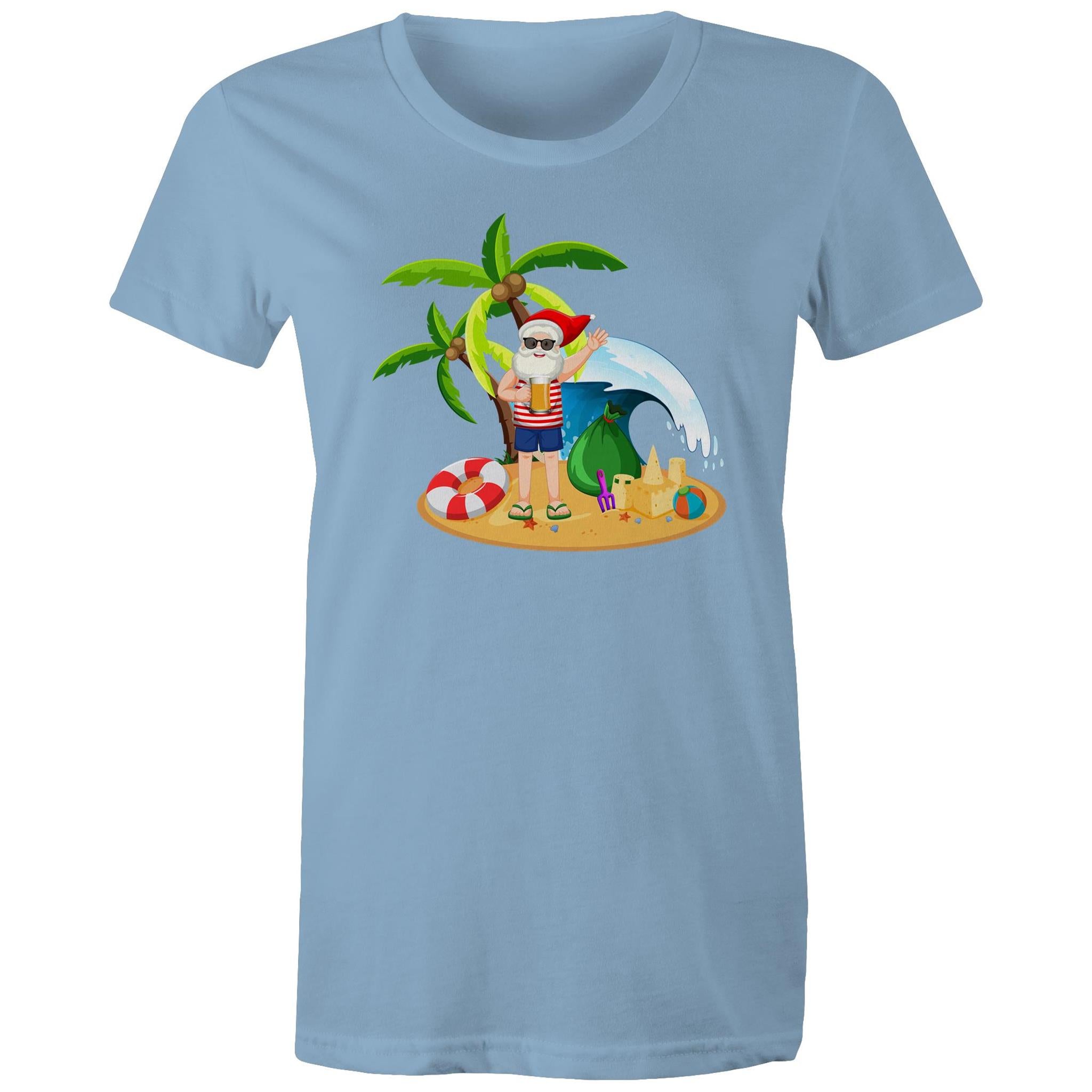 Summer Surf Santa - Womens T-shirt Carolina Blue Womens Christmas T-shirt Christmas Printed In Australia