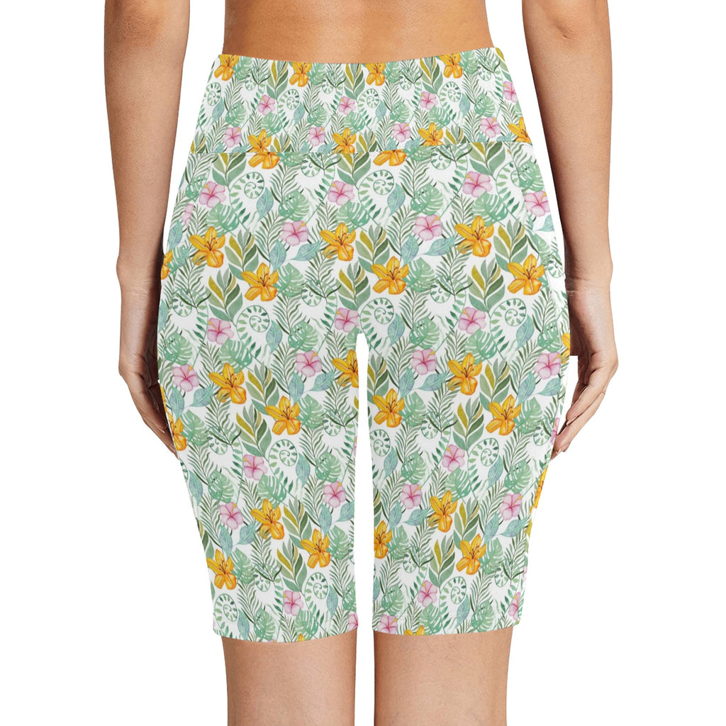 Tropical Flowers And Leaves Women's Bike Shorts With Side Pockets