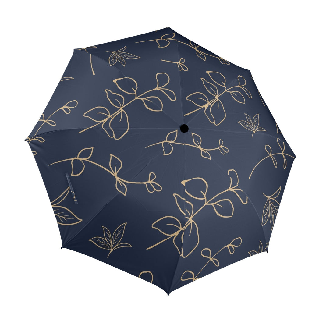 Gold Flowers On Navy - Semi-Automatic Foldable Umbrella (Model U12) One Size Semi-Automatic Foldable Umbrella (U12)