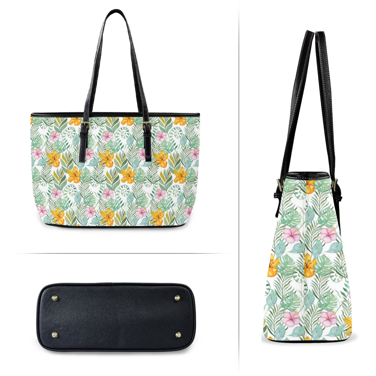 Tropical Flowers And Leaves PU Leather Tote Bag Large Leather Tote Bag-Large Plants Printed Offshore