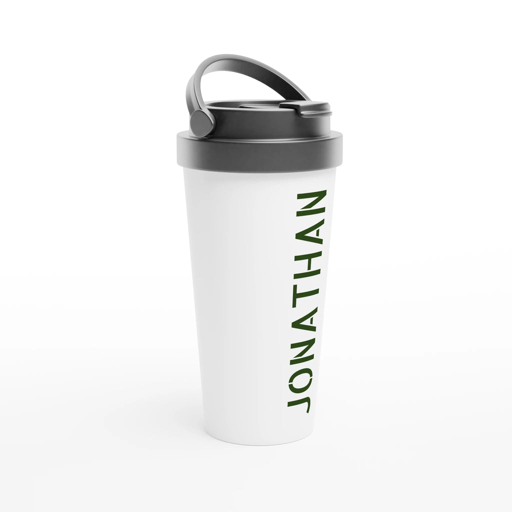 Personalise - Vertical Name In Stencil Font - White 15oz Stainless Steel Travel Mug Personalised Travel Mug customise Globally Fulfilled Name personalise