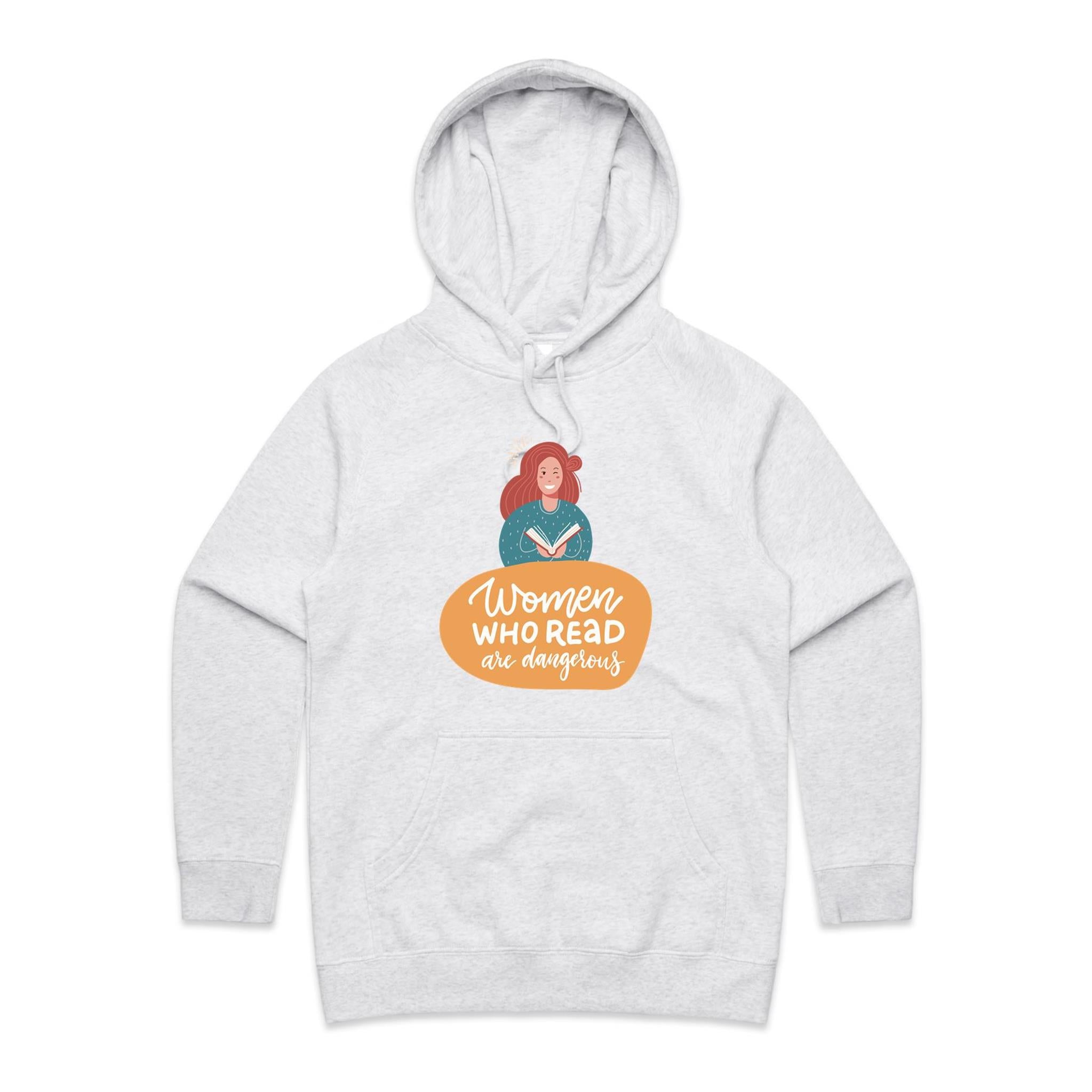 Women Who Read Are Dangerous - Womens Hoodie White Marle Womens Hoodie Printed In Australia Reading