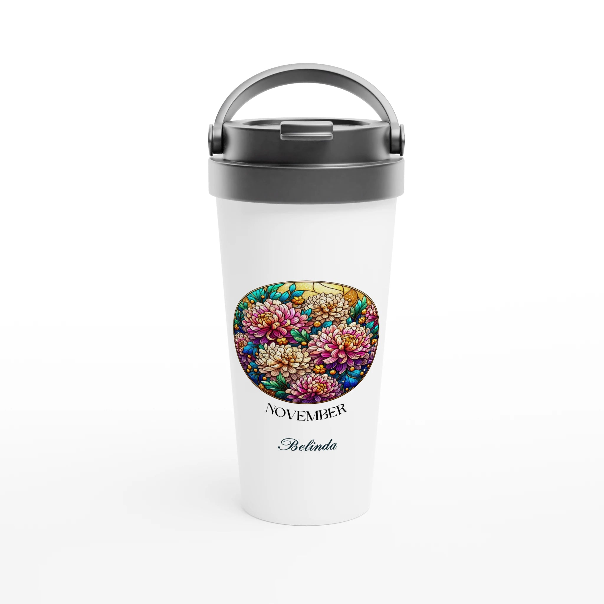 Stained Glass Birth Month Flowers - White 15oz Stainless Steel Travel Mug Default Title Personalised Travel Mug Birthday customise Globally Fulfilled Name personalise Plants