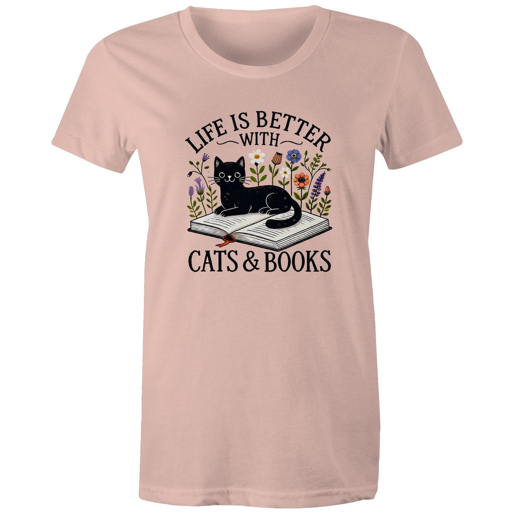 Life Is Better With Cats And Books - Womens T-shirt Pale Pink Womens T-shirt animal Printed In Australia Reading