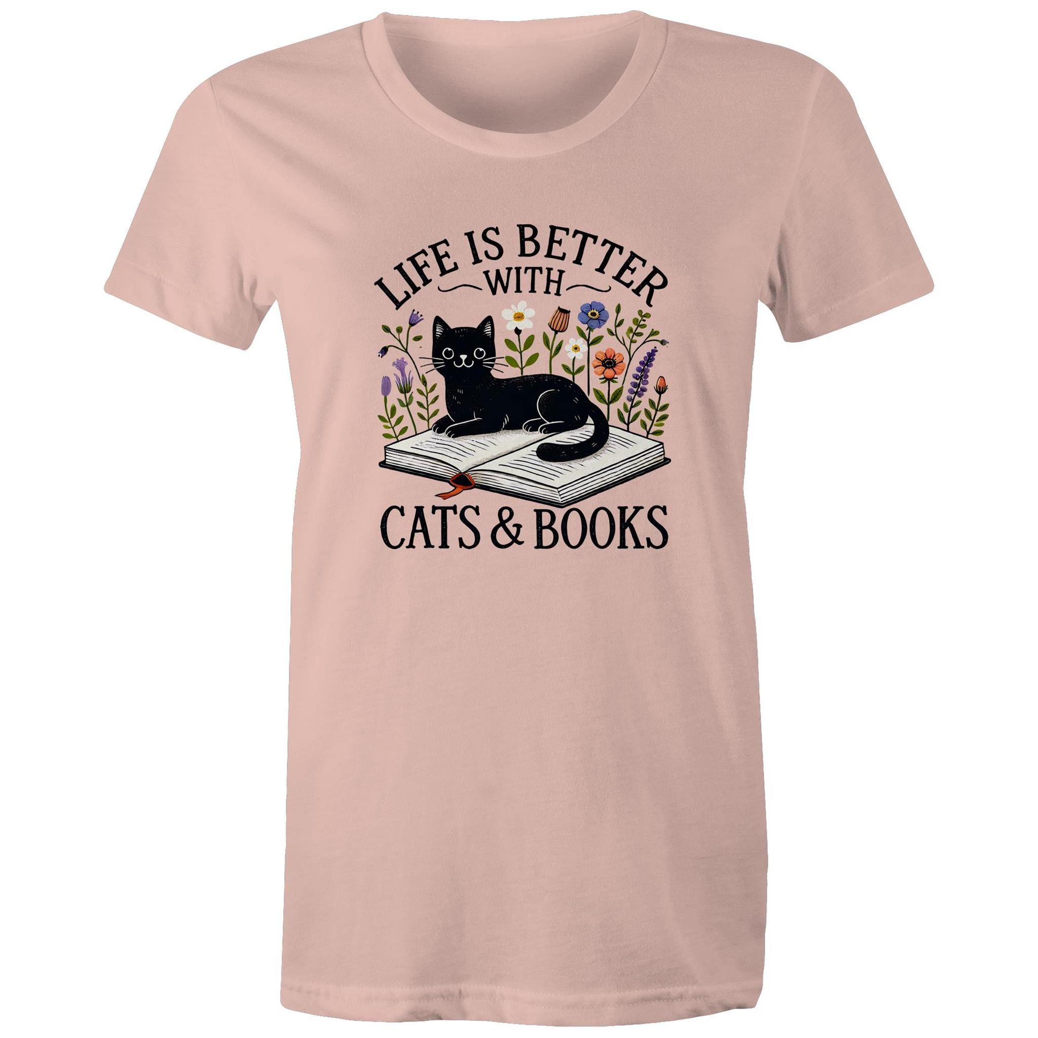 Life Is Better With Cats And Books - Womens T-shirt Pale Pink Womens T-shirt animal Printed In Australia Reading