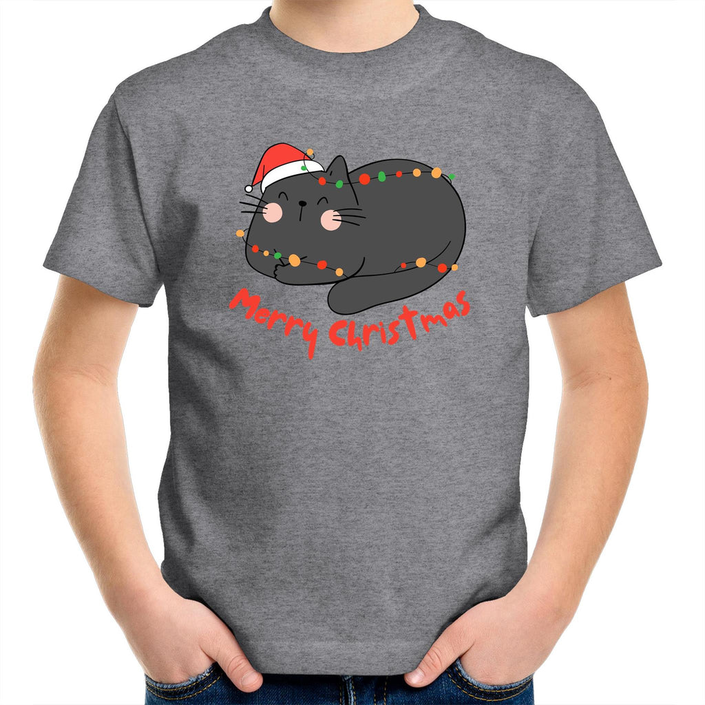 Cat Merry Christmas - Kids Youth T-Shirt Grey Marle Kids Christmas T-shirt Christmas Printed In Australia
