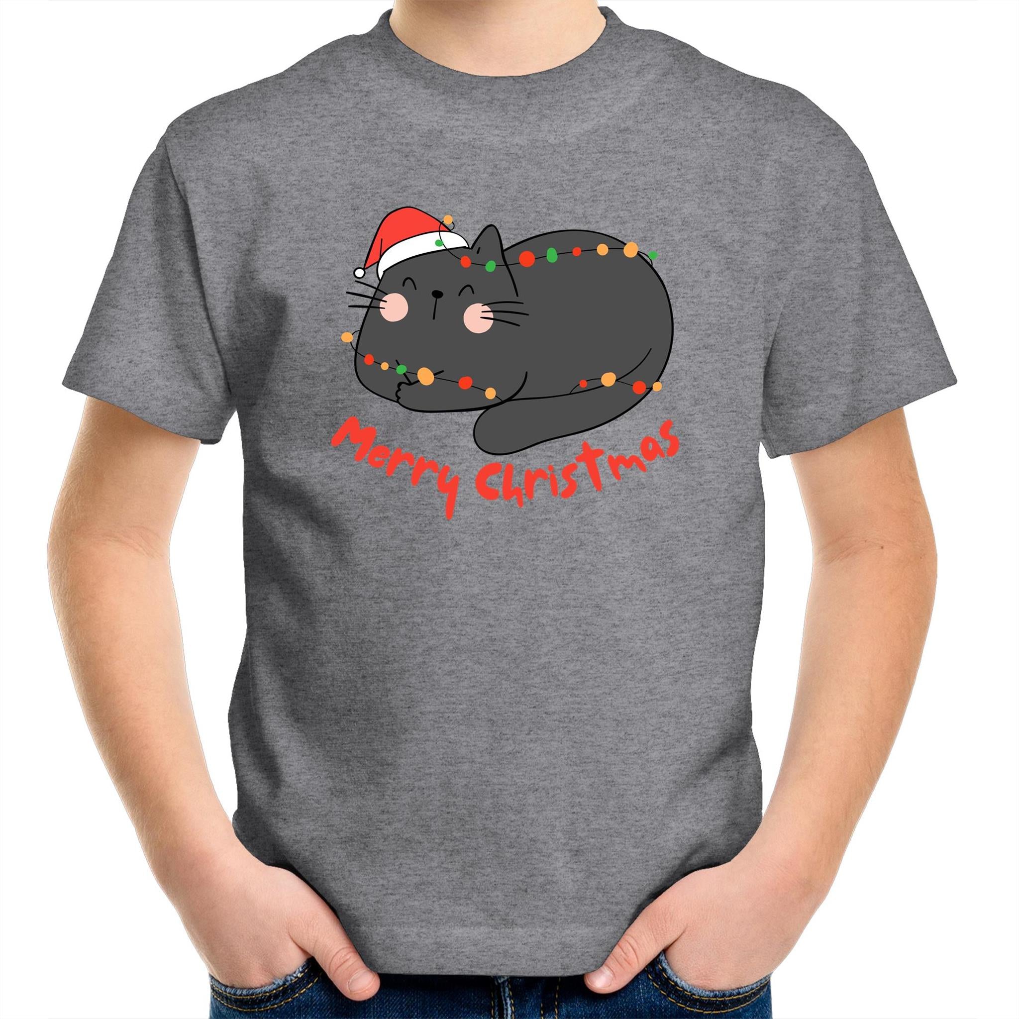 Cat Merry Christmas - Kids Youth T-Shirt Grey Marle Kids Christmas T-shirt Christmas Printed In Australia