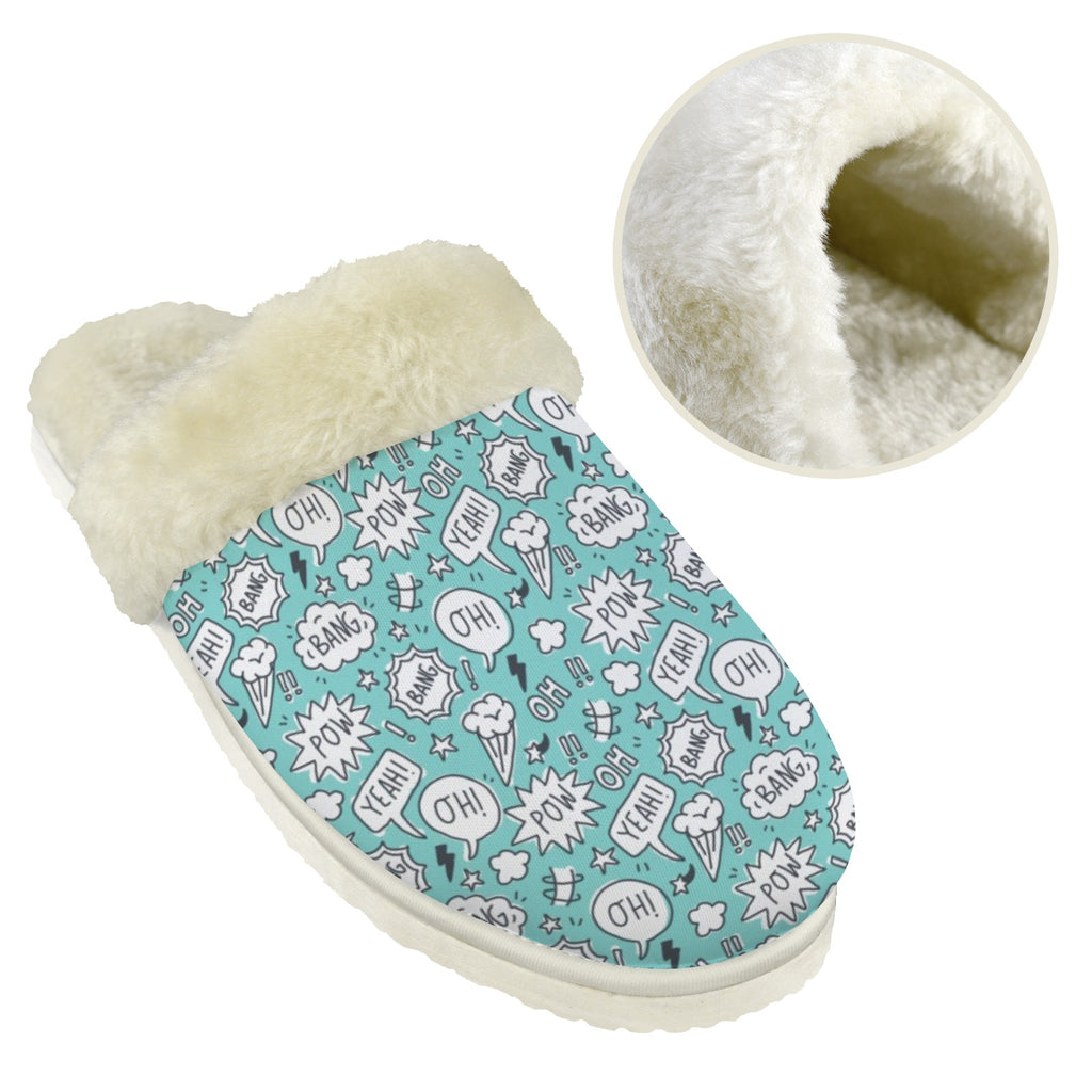 Comic Book Speech Bubbles Men's Fur Trim Thick-Sole Indoor Slippers Men's Fur Trimmed Slippers comic Printed Offshore