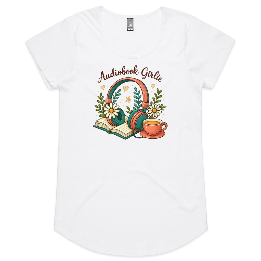 Audiobook Girlie - Womens Scoop Neck T-Shirt White Womens Scoop Neck T-shirt Printed In Australia Reading