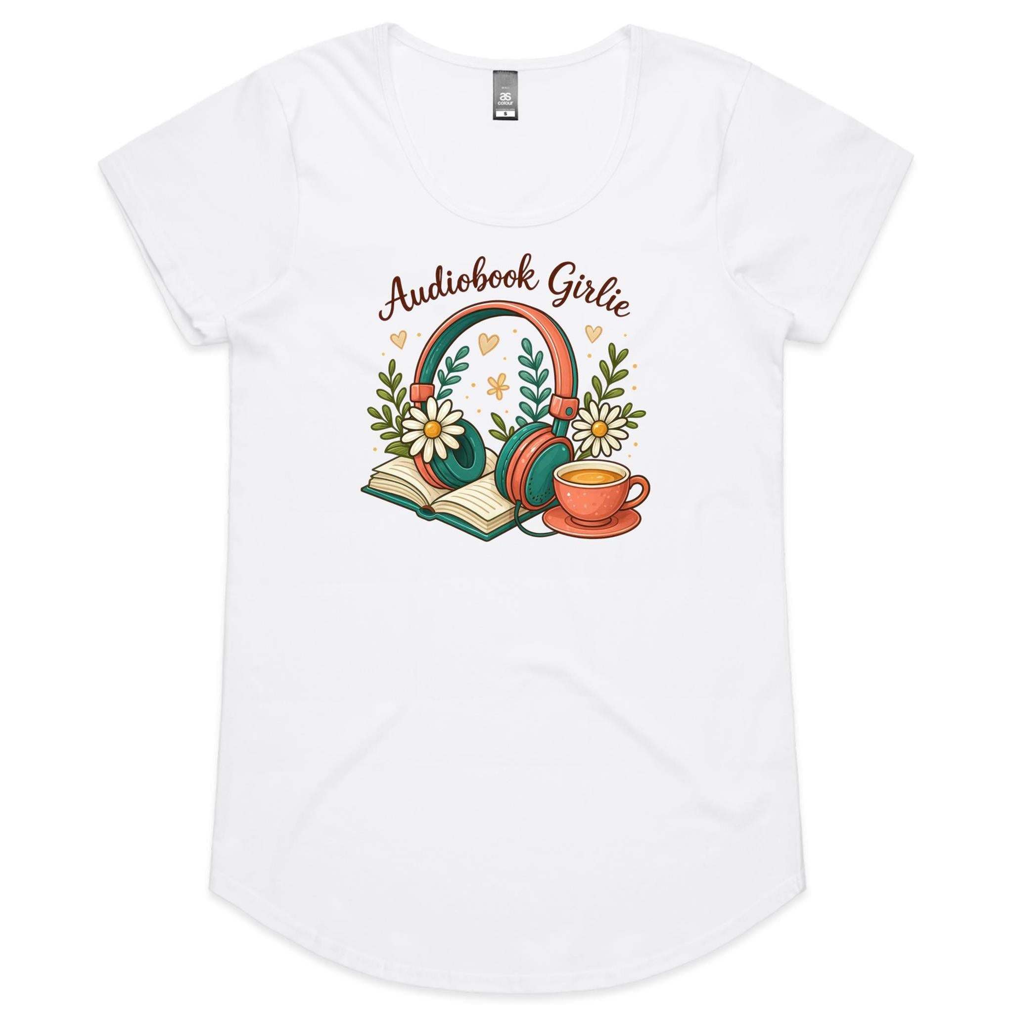 Audiobook Girlie - Womens Scoop Neck T-Shirt White Womens Scoop Neck T-shirt Printed In Australia Reading