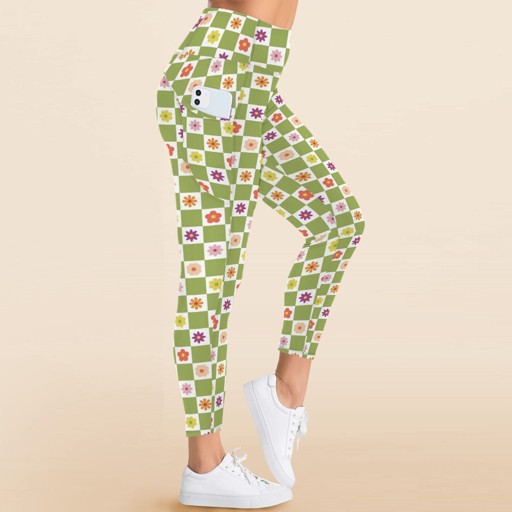 Flower Check Women's High Waist Pockets Yoga Leggings