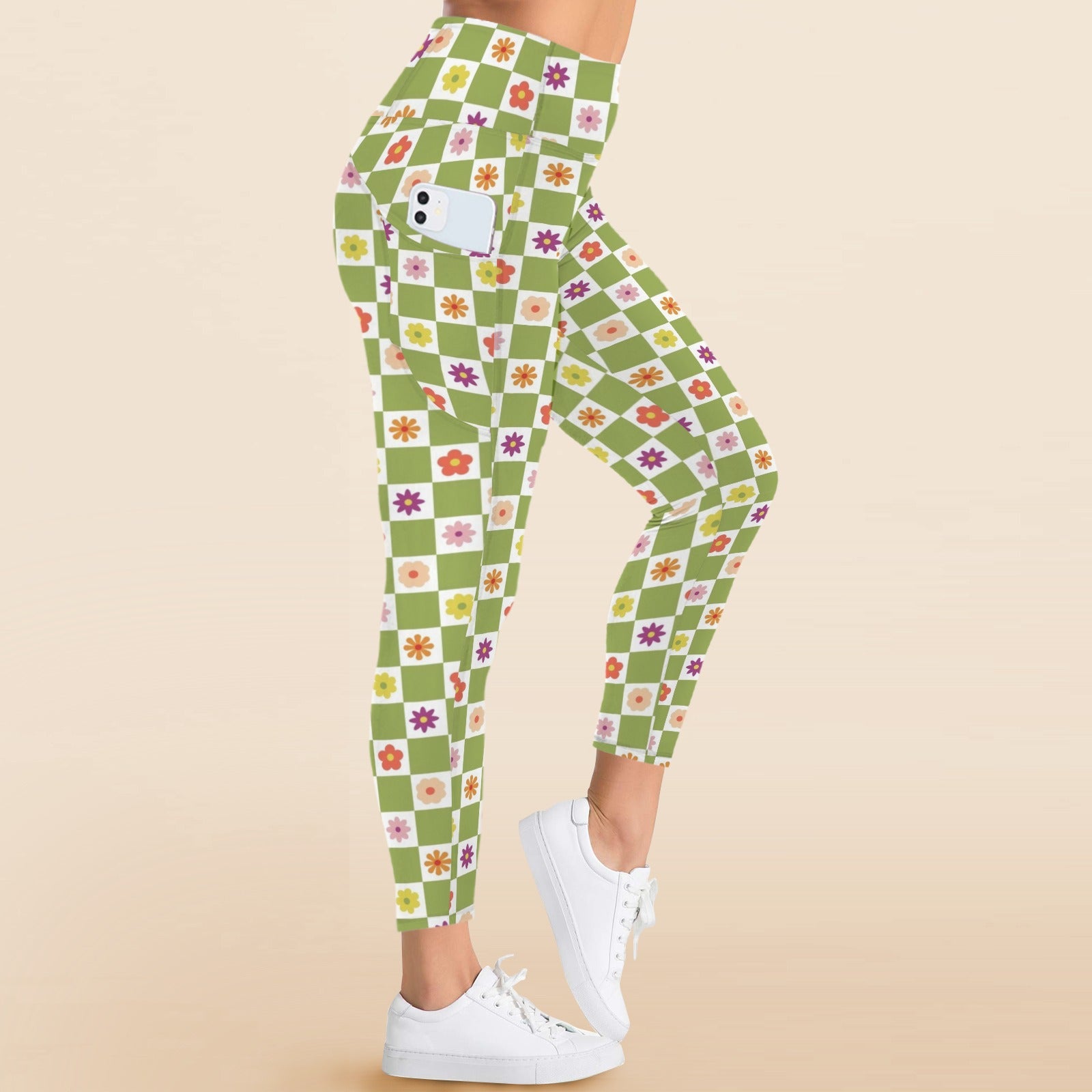 Flower Check Women's High Waist Pockets Yoga Leggings
