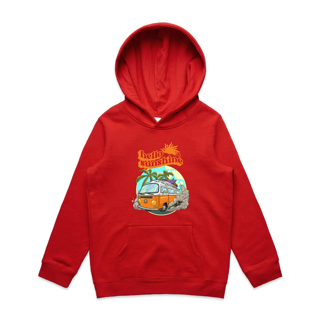 Hello Sunshine, Beach Van - Kids Hoodie Red Kids Hoodie Printed In Australia