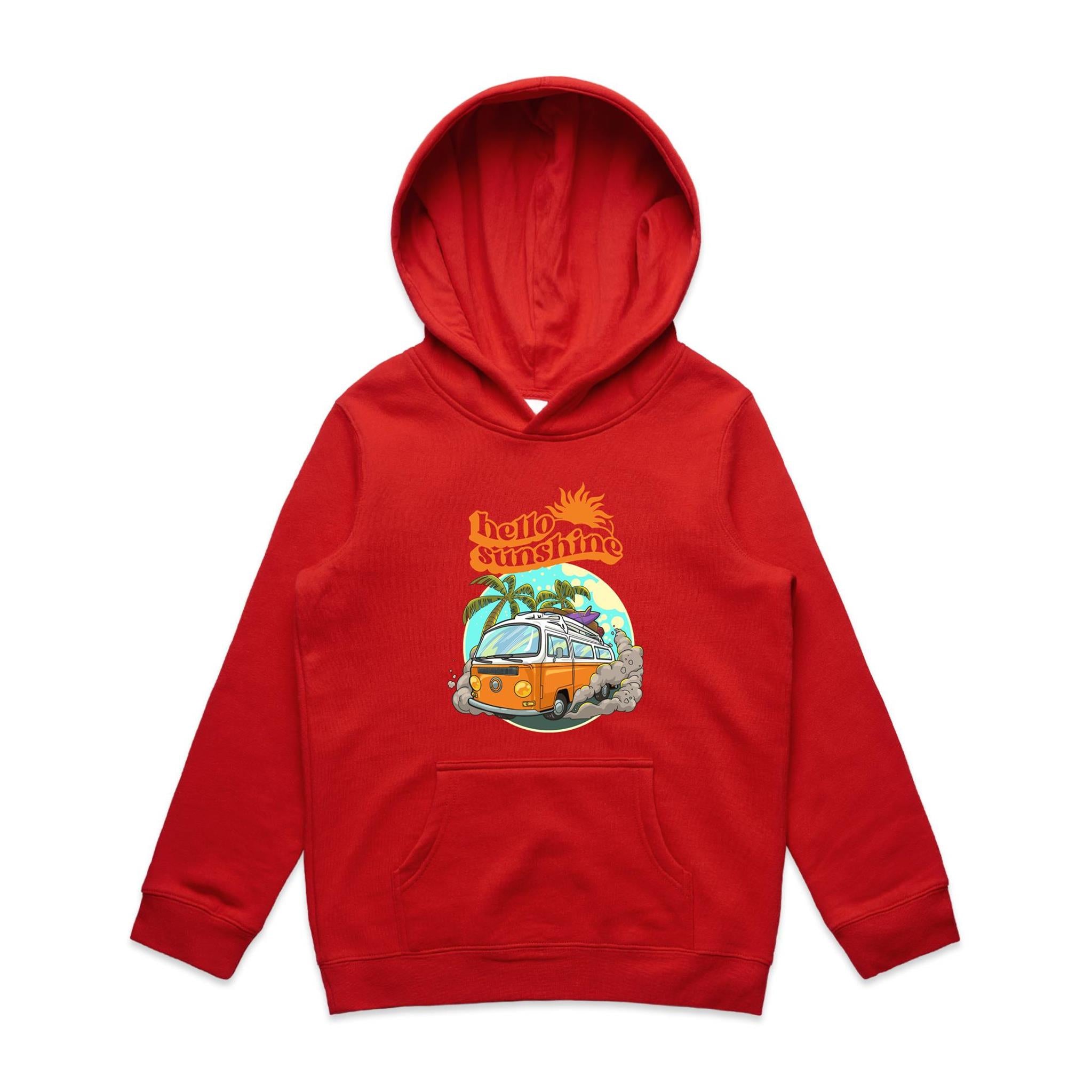 Hello Sunshine, Beach Van - Kids Hoodie Red Kids Hoodie Printed In Australia