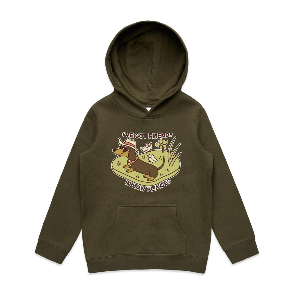 Dachshund, I've Got Friends In Low Places Kids AS Colour Hoodie Army Kids Hoodie animal Printed In Australia