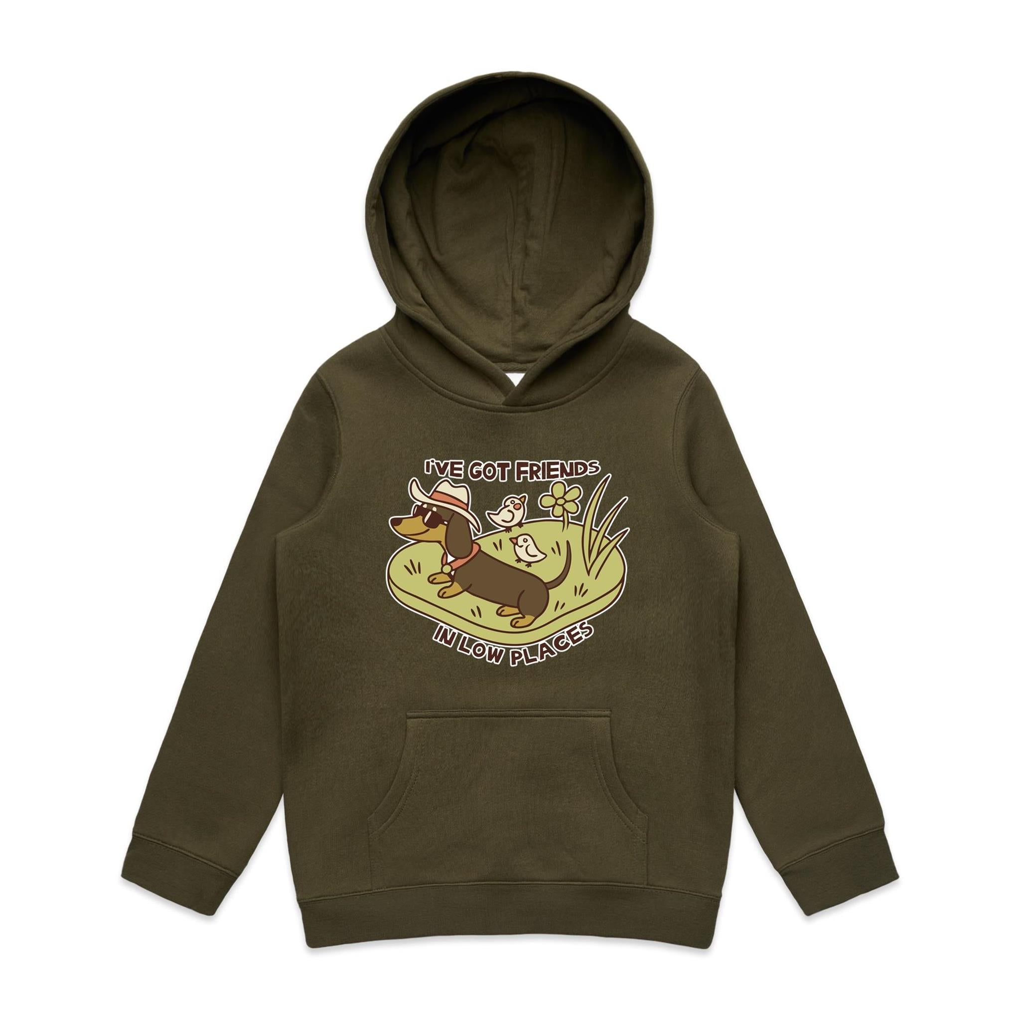 Dachshund, I've Got Friends In Low Places Kids AS Colour Hoodie Army Kids Hoodie animal Printed In Australia