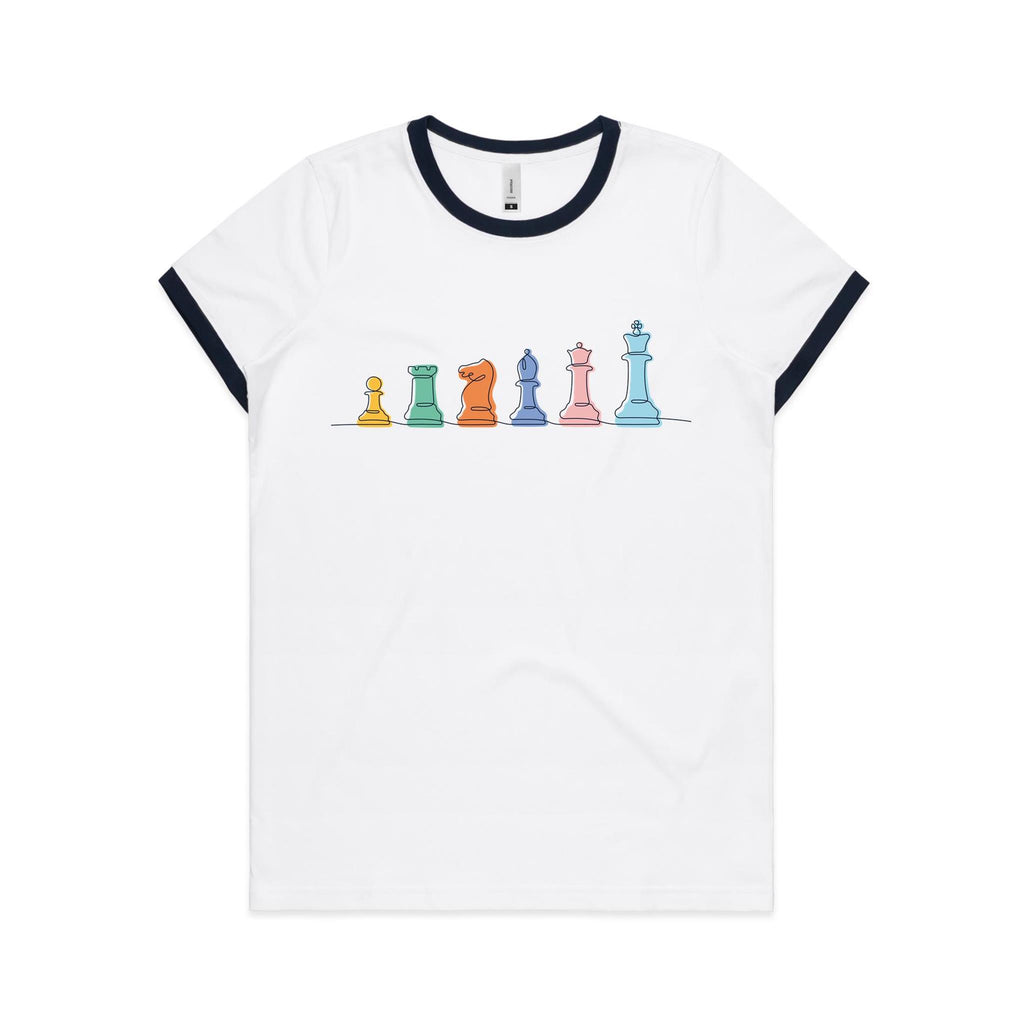 Chess - Women's Ringer Tee White Navy Womens Ringer T-shirt Chess Games Printed In Australia