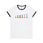 Chess - Women's Ringer Tee White Navy Womens Ringer T-shirt Chess Games Printed In Australia