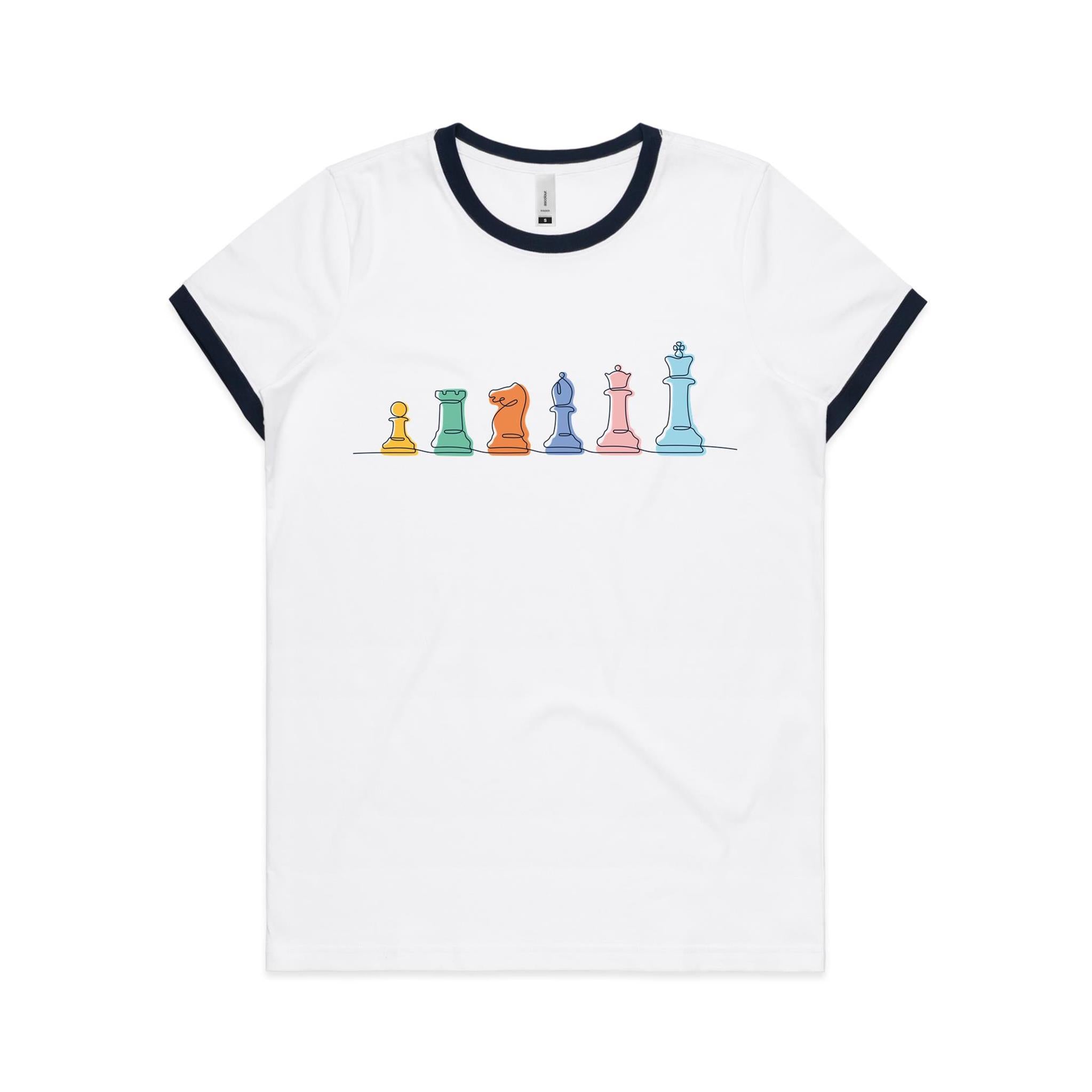 Chess - Women's Ringer Tee White Navy Womens Ringer T-shirt Chess Games Printed In Australia