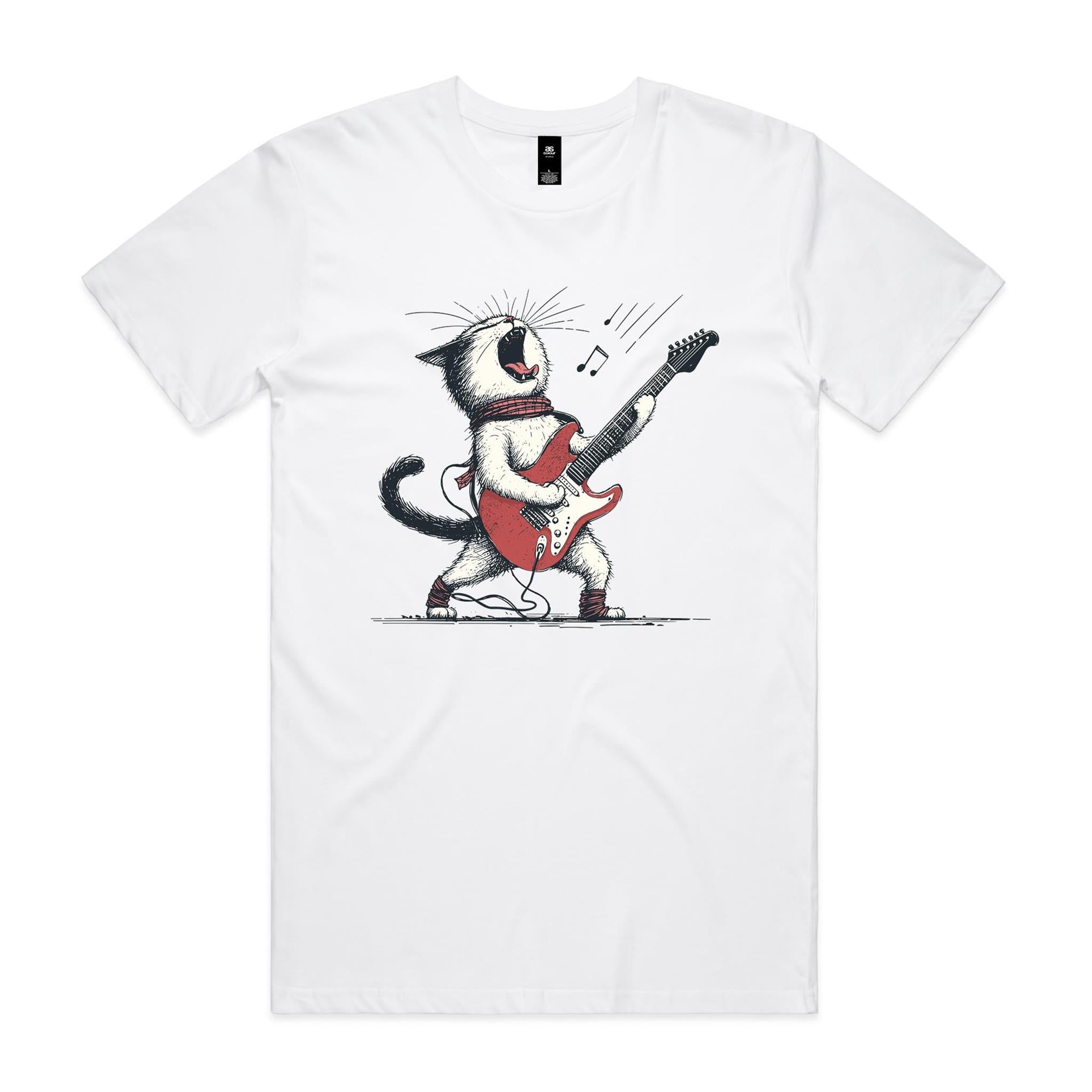 Cat Playing Guitar Men's AS Colour T-shirt White Mens T-shirt animal Music Printed In Australia