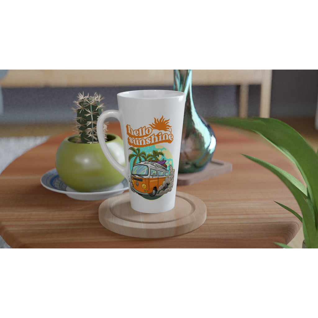 Hello Sunshine, Beach Van - White Latte 17oz Ceramic Mug Latte Mug Globally Fulfilled Summer Surf