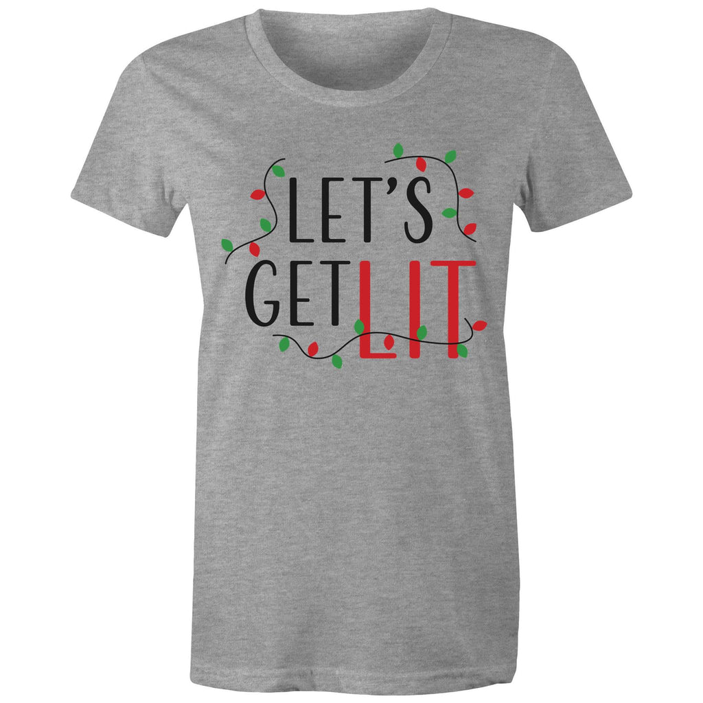 Let's Get Lit, Christmas Lights - Womens T-shirt Grey Marle Womens Christmas T-shirt Christmas Printed In Australia