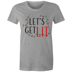 Let's Get Lit, Christmas Lights - Womens T-shirt Grey Marle Womens Christmas T-shirt Christmas Printed In Australia