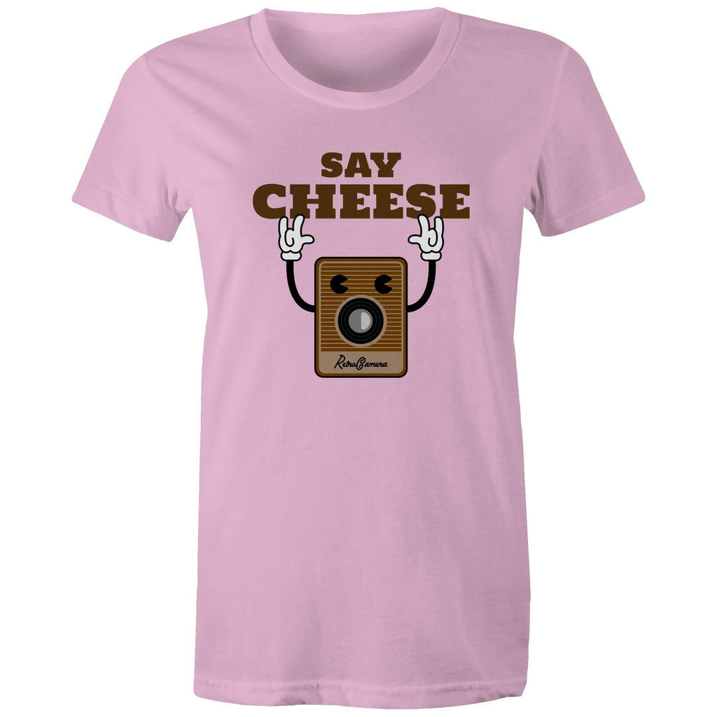 Say Cheese, Vintage Camera - Womens T-shirt Pink Womens T-shirt Printed In Australia Retro