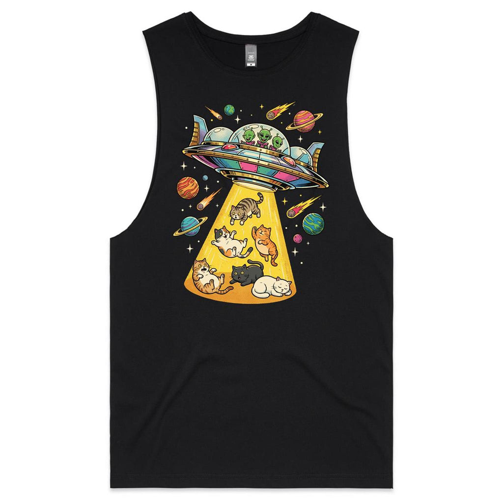 UFO Cat Abduction Mens Men's AS Colour Drop Arm Tank Top Black Drop Arm Tank Top animal Printed In Australia Sci Fi